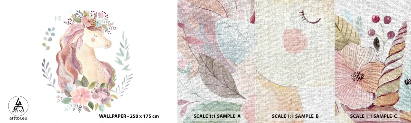 Mostră tapet Premium Canvas - O invitație în lumea basmelor - Inorog, Fetişcană, Pentru copii - 100x30 cm