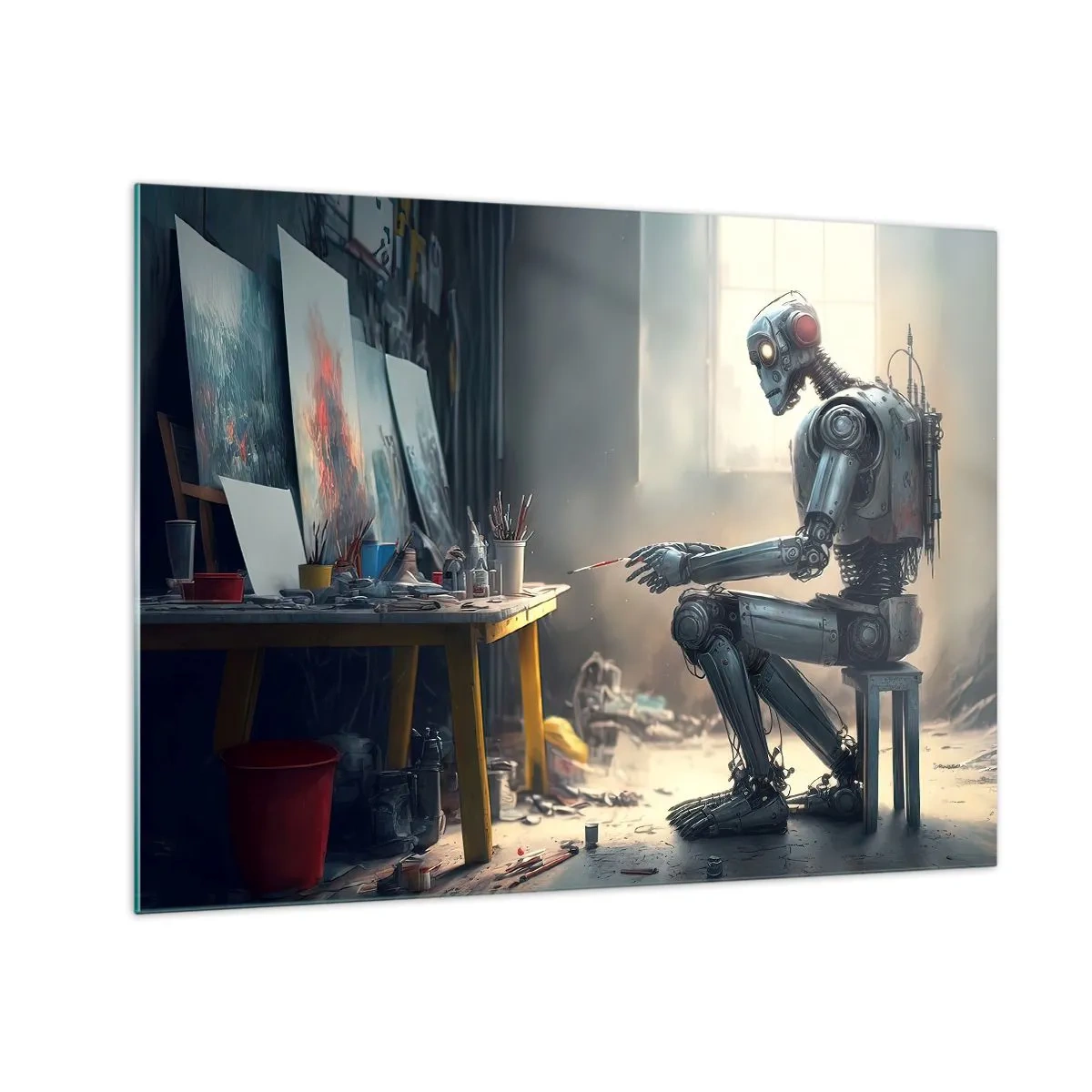 Tablou pe sticlă - Un robot pictează tablouri într-un studio de artă - 70x50cm - Actul de creație - Decorațiune modernă pentru perete pentru living și dormitor ARTTOR