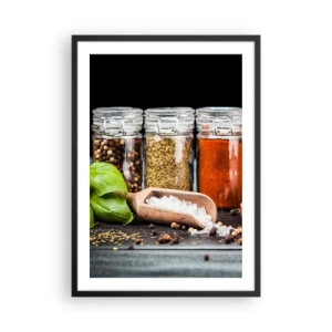 Poster în ramă neagră - Borcane cu condimente pe un fundal întunecat - 50x70cm - Pentru a da un gust vieții - Decorațiune modernă pentru perete pentru living și dormitor ARTTOR