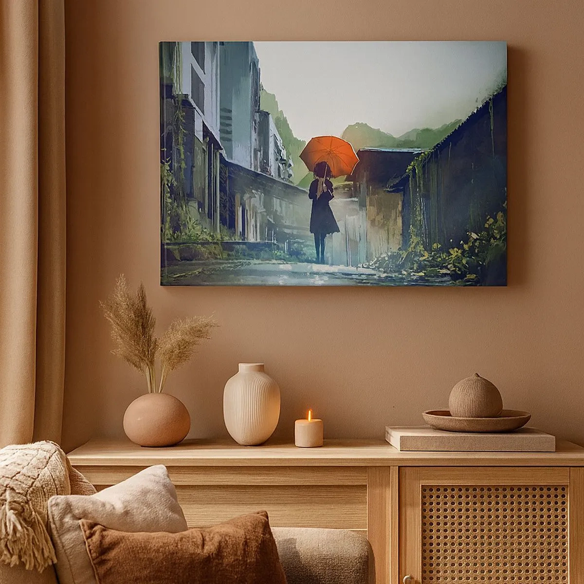 Tablou pe pânză Canvas - O figură cu o umbrelă într-un oraș ploios - 70x50cm - Ploaie revitalizantă - Decorațiune modernă pentru perete pentru living și dormitor ARTTOR