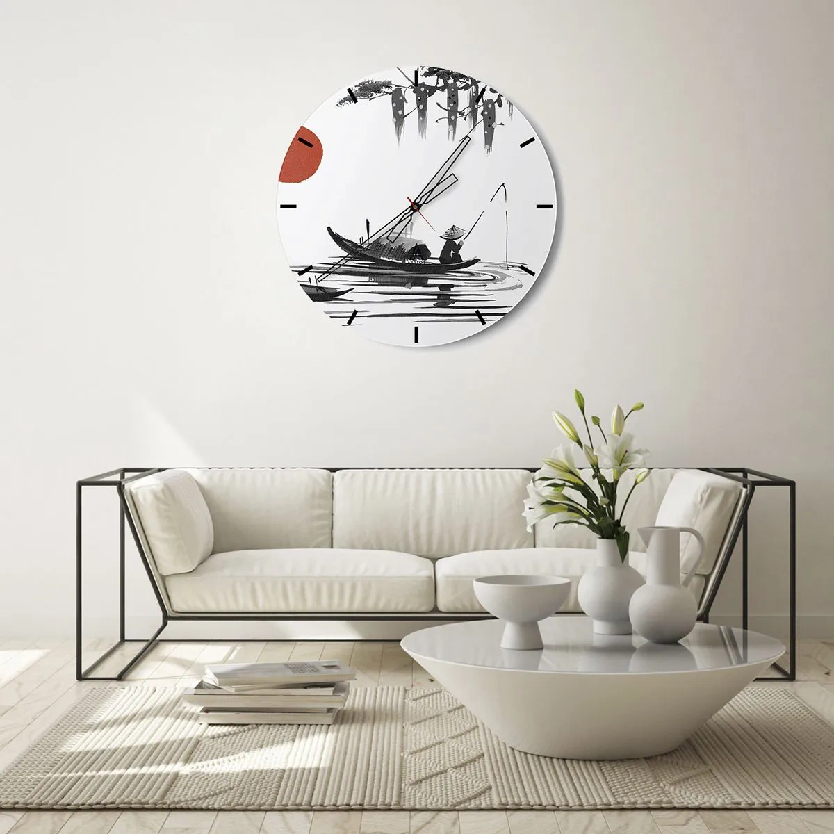 Ceas de perete - Ceas pe sticlă - Ilustrație tradițională a unui pescar într-o barcă pe fundalul unui soare roșu - 30x30cm - O după-amiază asiatică - Decorațiune modernă pentru perete pentru living, bucătărie și dormitor ARTTOR