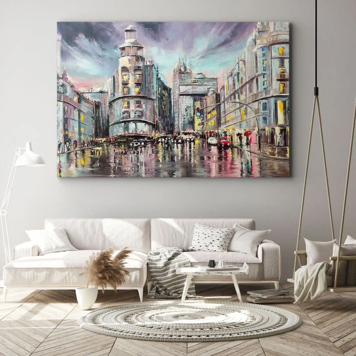 Tablou pe pânză Canvas - Vedere de seară a orașului cu reflexii pe strada udă - 70x50cm - Va fi o seară de succes - Decorațiune modernă pentru perete pentru living și dormitor ARTTOR