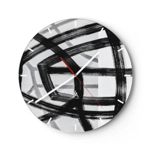 Ceas de perete - Ceas pe sticlă - Tușe dinamice negre de pensulă care creează modele tridimensionale - 30x30cm - Construind adâncimea - Decorațiune modernă pentru perete pentru living, bucătărie și dormitor ARTTOR