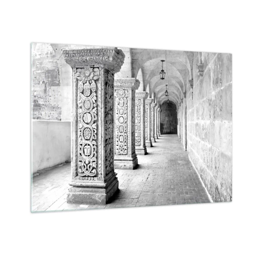 Tablou pe sticlă - Mănăstire istorică cu coloane sculptate - 70x50cm - Și încotro…? - Decorațiune modernă pentru perete pentru living și dormitor ARTTOR