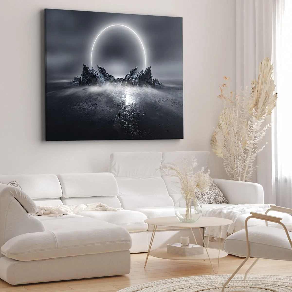 Tablou pe pânză Canvas - Peisaj misterios cu un inel de lumină deasupra munților - 70x50cm - Final de poveste - Decorațiune modernă pentru perete pentru living și dormitor ARTTOR