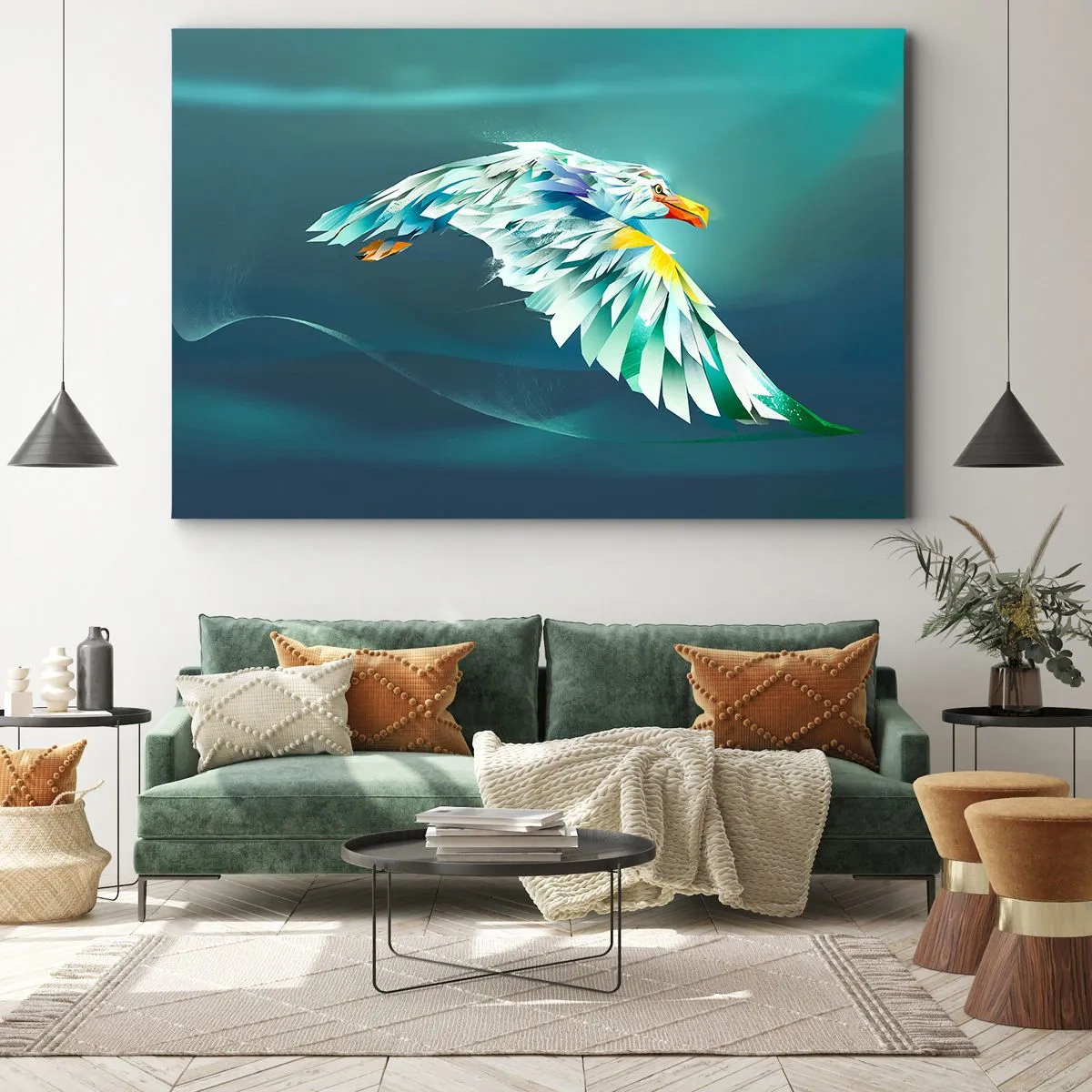 Tablou pe pânză Canvas - Vultur abstract în zbor pe un cer turcoaz - 70x50cm - Puterea vulturului în zbor - Decorațiune modernă pentru perete pentru living și dormitor ARTTOR