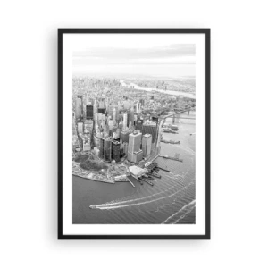 Poster în ramă neagră - O panoramă alb-negru a orașului cu vedere la apă - 50x70cm - Cum să nu iubești? - Decorațiune modernă pentru perete pentru living și dormitor ARTTOR