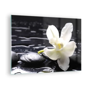Tablou pe sticlă - Orhidee albă pe pietre negre ude - 70x50cm - Studiu în alb și negru - Decorațiune modernă pentru perete pentru living și dormitor ARTTOR