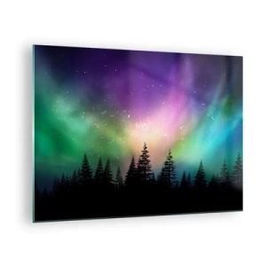 Tablou pe sticlă - Pădure noaptea sub colorata Auroră Boreală - 70x50cm - Magie albă - Decorațiune modernă pentru perete pentru living și dormitor ARTTOR