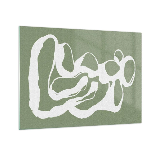 Tablou pe sticlă - Formă organică albă abstractă pe un fundal măsliniu - 70x50cm - Chemarea spațiului - Decorațiune modernă pentru perete pentru living și dormitor ARTTOR
