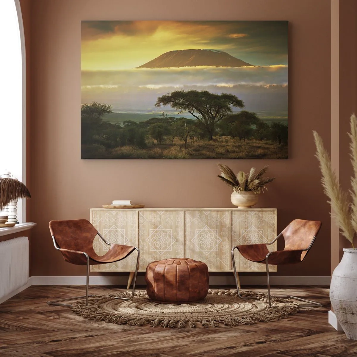 Tablou pe pânză Canvas - Peisaj african cu Kilimanjaro la răsărit - 70x50cm - Visul unui călător - Decorațiune modernă pentru perete pentru living și dormitor ARTTOR