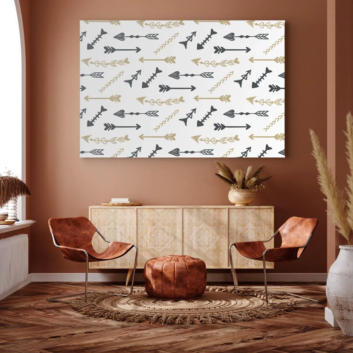Tablou pe pânză Canvas - Un model minimalist cu săgeți în culori bej și gri. - 70x50cm - Visul arcașului - Decorațiune modernă pentru perete pentru living și dormitor ARTTOR