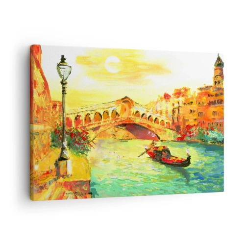 Tablou pe pânză Canvas - Un pod pitoresc peste canal cu o gondolă în lumina soarelui care apune - 70x50cm - Pelerinaj de îndrăgostiți - Decorațiune modernă pentru perete pentru living și dormitor ARTTOR