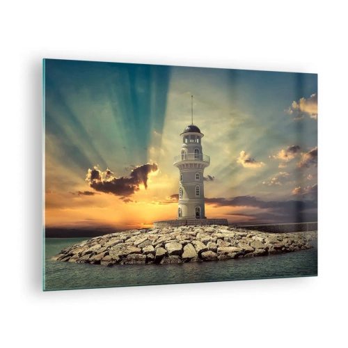 Tablou pe sticlă - Un far pe fundalul soarelui care apune - 70x50cm - Lumină - Bunătate - Frumusețe - Decorațiune modernă pentru perete pentru living și dormitor ARTTOR