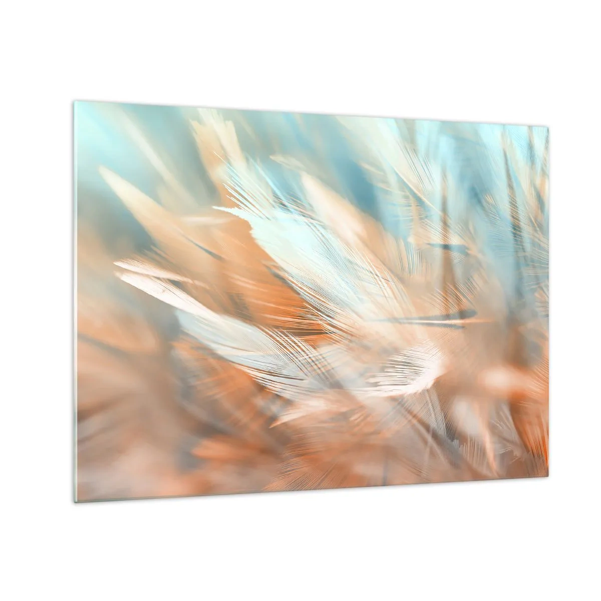 Tablou pe sticlă - Pene delicate în nuanțe pastelate de turcoaz și piersică - 70x50cm - În țara blândeții - Decorațiune modernă pentru perete pentru living și dormitor ARTTOR