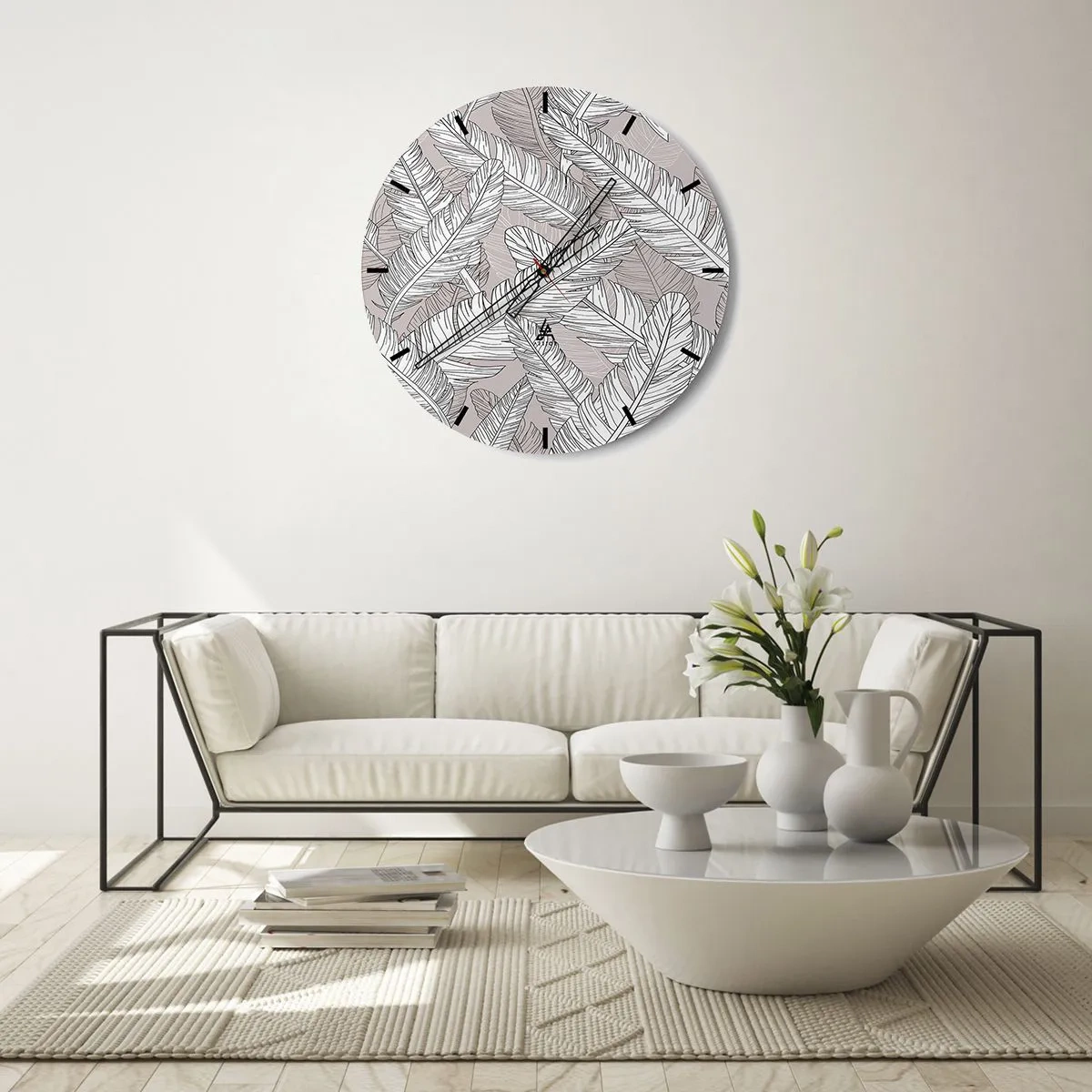 Ceas de perete - Ceas pe sticlă - Frunze de bananier alb-negru pe un fundal deschis - 30x30cm - Vijelie cu pene - Decorațiune modernă pentru perete pentru living, bucătărie și dormitor ARTTOR