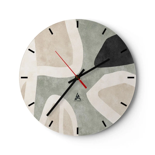 Ceas de perete - Ceas pe sticlă - Forme organice în bej, negru și verde pe un fundal deschis - 30x30cm - Compoziție cu motiv negru - Decorațiune modernă pentru perete pentru living, bucătărie și dormitor ARTTOR