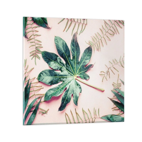 Tablou pe sticlă - Studiu de verdeață pe un fundal roz - 70x70 cm