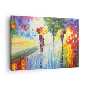 Tablou pe pânză Canvas - O plimbare cu o umbrelă într-un peisaj ploios colorat - 70x50cm - Și totul este clar - Decorațiune modernă pentru perete pentru living și dormitor ARTTOR