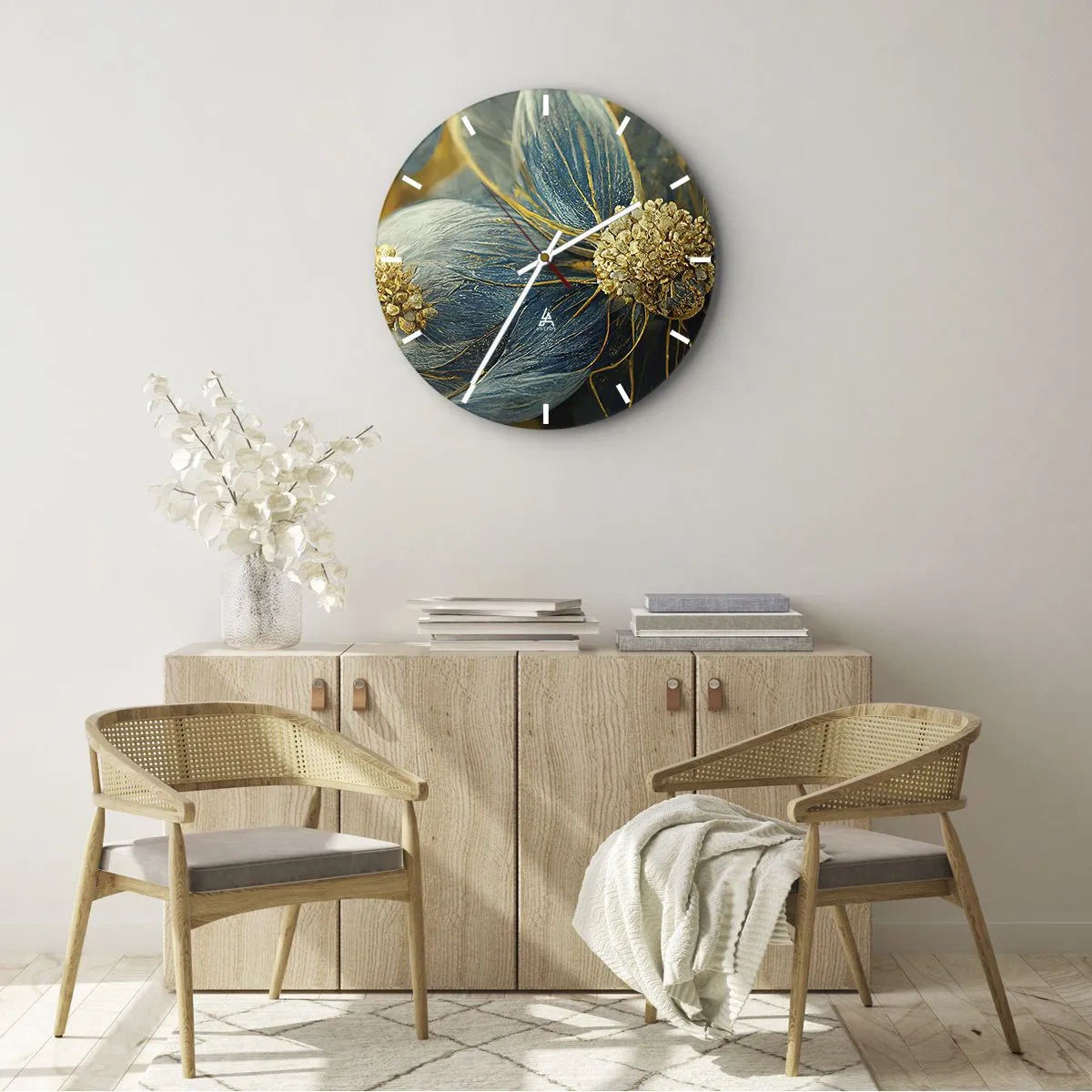 Ceas de perete - Ceas pe sticlă - O floare în culori aurii și albastre - 30x30cm - Floare cu aur - Decorațiune modernă pentru perete pentru living, bucătărie și dormitor ARTTOR