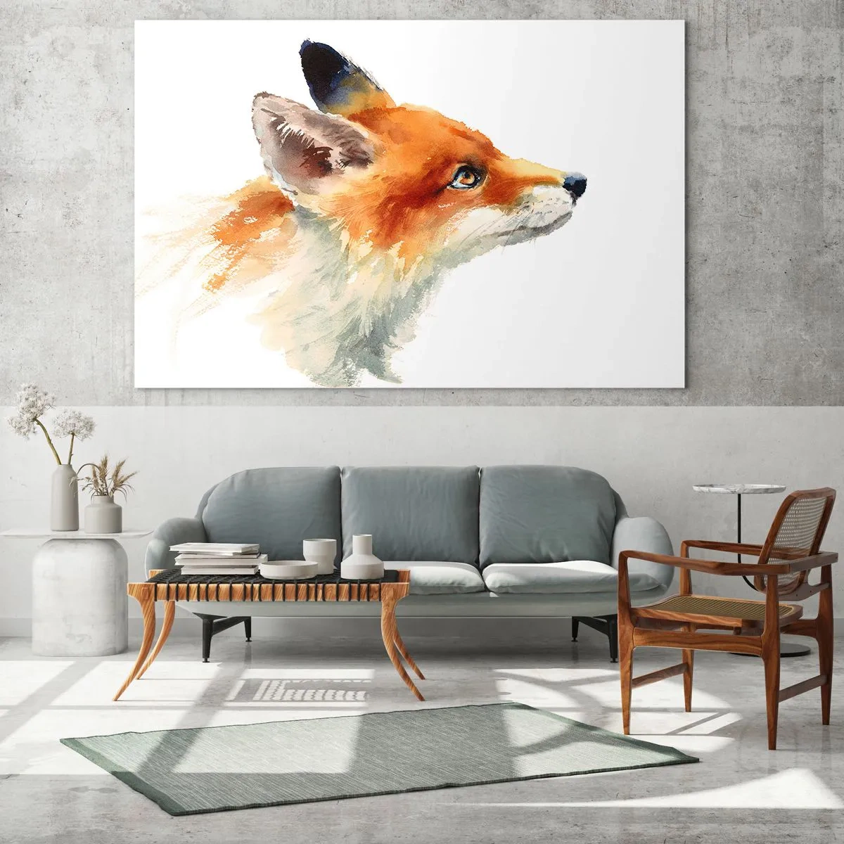 Tablou pe sticlă - Ilustrație în acuarelă a unei vulpi care privește în depărtare - 70x50cm - Nu poți fi niciodată prea atent - Decorațiune modernă pentru perete pentru living și dormitor ARTTOR