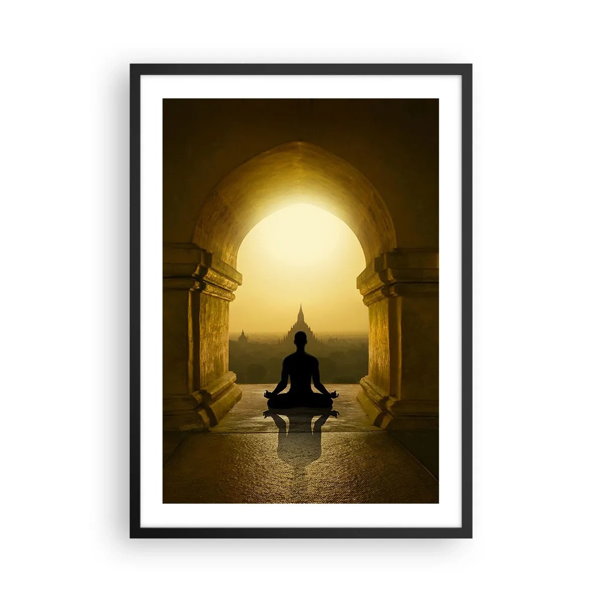 Poster în ramă neagră - O figură meditând în arcada unui templu pe fundalul soarelui care răsare - 50x70cm - Armonie completă - Decorațiune modernă pentru perete pentru living și dormitor ARTTOR