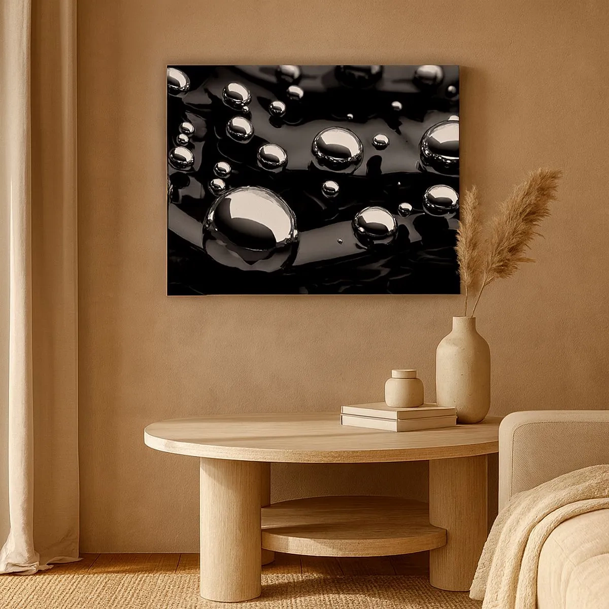 Tablou pe pânză Canvas - Picături abstracte pe o suprafață neagră - 70x50cm - Din adâncurile negre - Decorațiune modernă pentru perete pentru living și dormitor ARTTOR