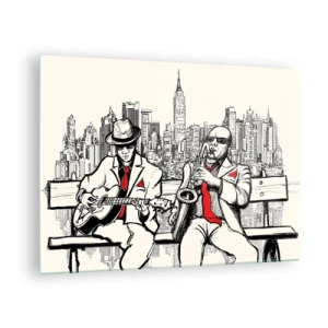 Tablou pe sticlă - Doi muzicieni de jazz cântând pe fundalul orizontului orașului - 70x50cm - Improvizație la New York - Decorațiune modernă pentru perete pentru living și dormitor ARTTOR