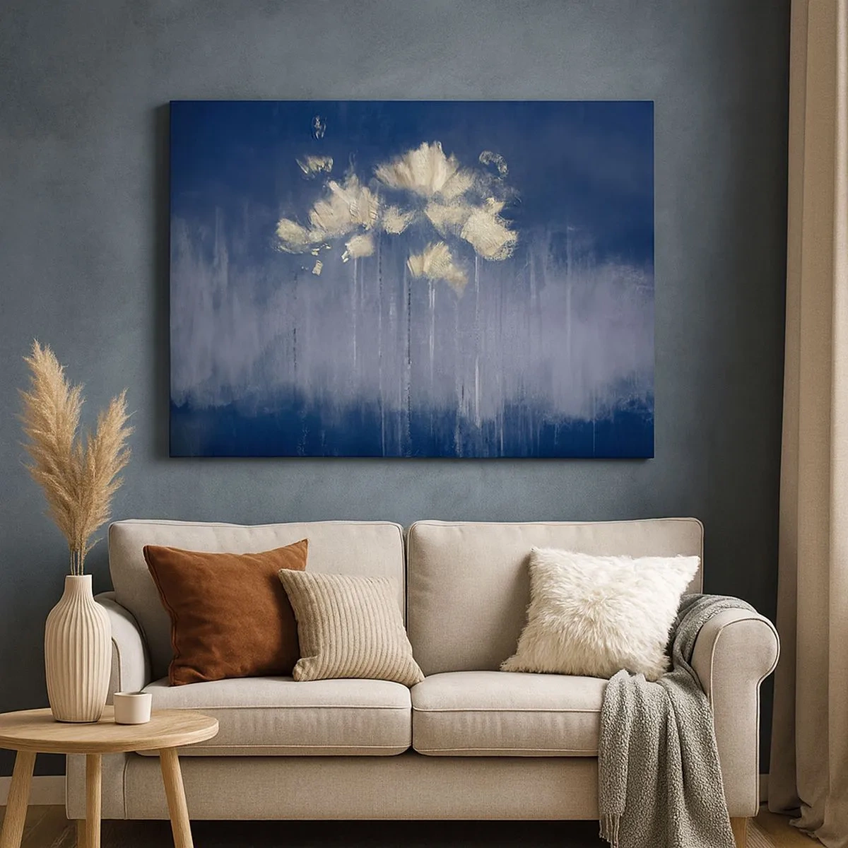 Tablou pe pânză Canvas - Flori delicate pe un fundal albastru - 70x50cm - Ca petalele în vânt - Decorațiune modernă pentru perete pentru living și dormitor ARTTOR