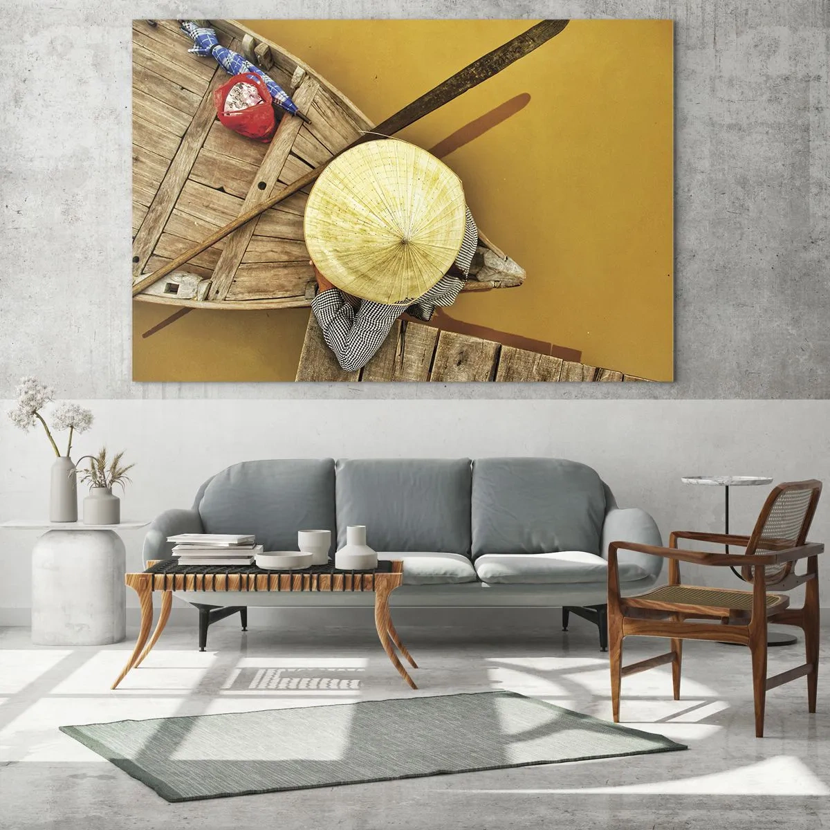 Tablou pe sticlă - Vedere de sus a unei bărci și a unei persoane care poartă o pălărie conică - 70x50cm - Viața pe râul galben - Decorațiune modernă pentru perete pentru living și dormitor ARTTOR
