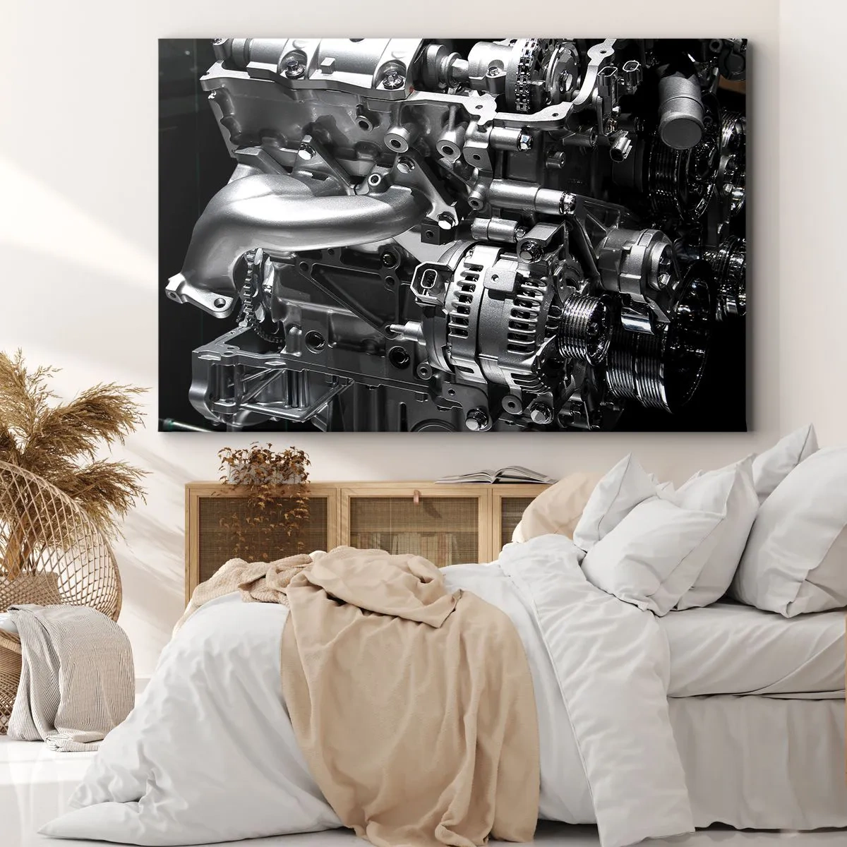 Tablou pe pânză Canvas - Prim-plan al pieselor metalice ale motorului pe fundal negru - 70x50cm - De oțel, frumos, puternic - Decorațiune modernă pentru perete pentru living și dormitor ARTTOR