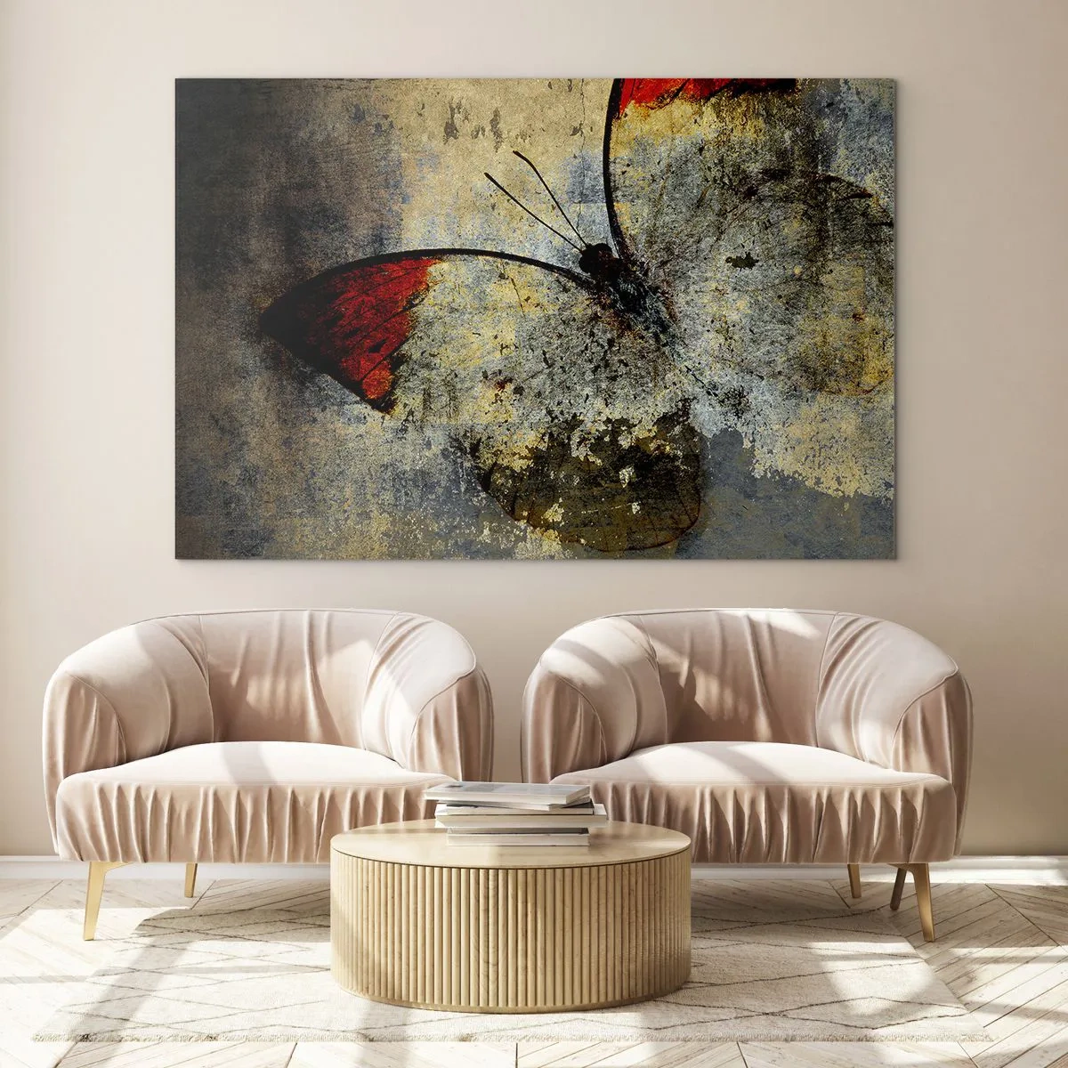 Tablou pe sticlă - Fluture abstract pe un fundal învechit - 70x50cm - Privește înainte să dispar - Decorațiune modernă pentru perete pentru living și dormitor ARTTOR