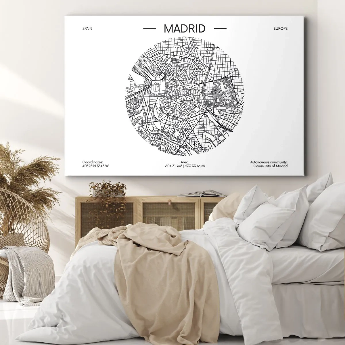 Tablou pe pânză Canvas - Hartă a Madridului într-un stil minimalist alb-negru - 70x50cm - Anatomia Madridului - Decorațiune modernă pentru perete pentru living și dormitor ARTTOR