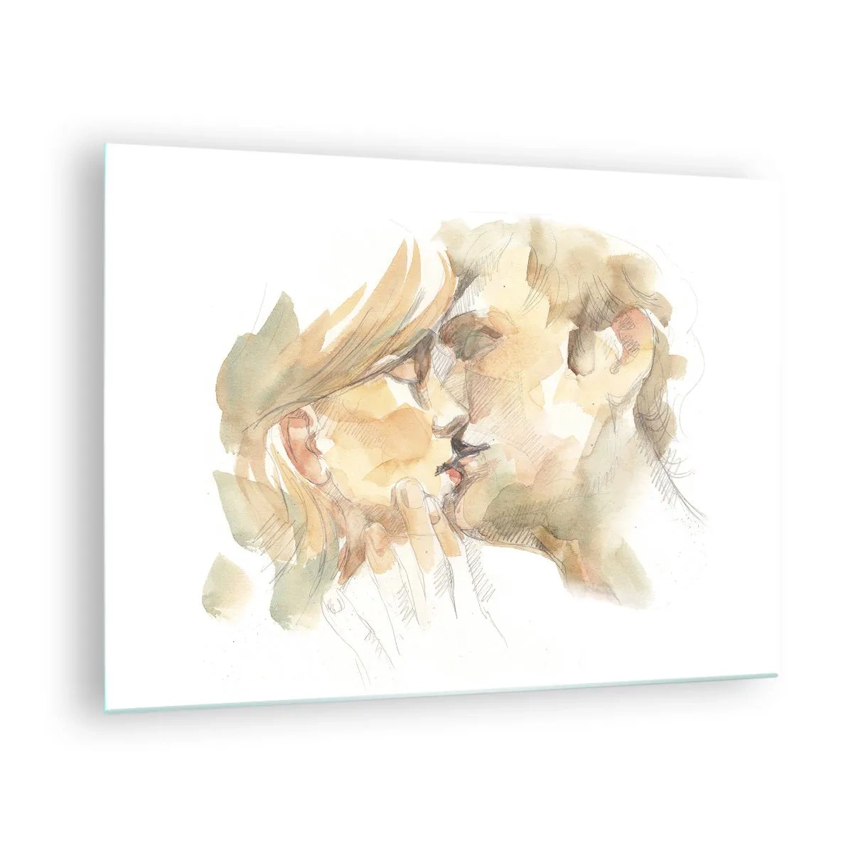 Tablou pe sticlă - Pictură romantică în acuarelă a unui sărut între îndrăgostiți - 70x50cm - Jumătatea găsită? - Decorațiune modernă pentru perete pentru living și dormitor ARTTOR