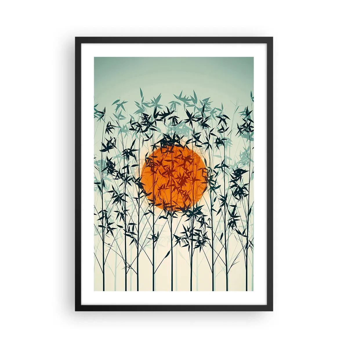 Poster în ramă neagră - Soarele din spatele ramurilor de bambus - 50x70cm - Soarele japonez - Decorațiune modernă pentru perete pentru living și dormitor ARTTOR