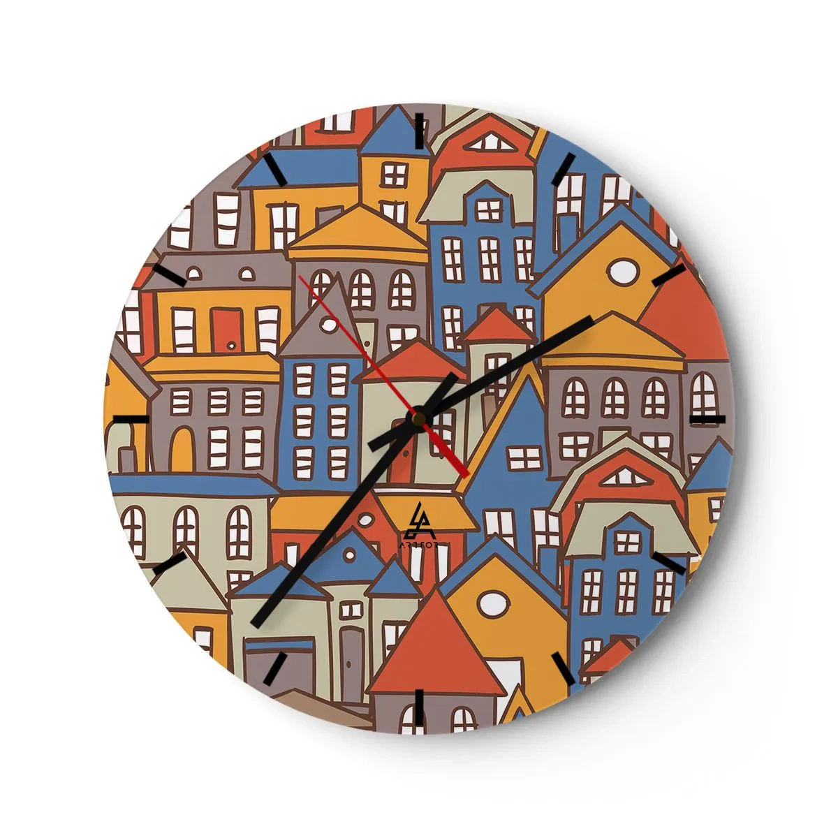 Ceas de perete - Ceas pe sticlă - Clădiri colorate într-un stil grafic - 30x30cm - În spatele casei - Decorațiune modernă pentru perete pentru living, bucătărie și dormitor ARTTOR