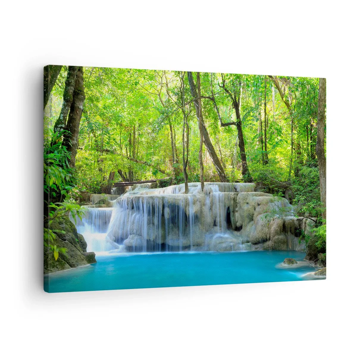 Tablou pe pânză Canvas - O cascadă printre copaci verzi cu apă albastră într-un cadru natural - 70x50cm - Scufundat în turcoaz și verde - Decorațiune modernă pentru perete pentru living și dormitor ARTTOR
