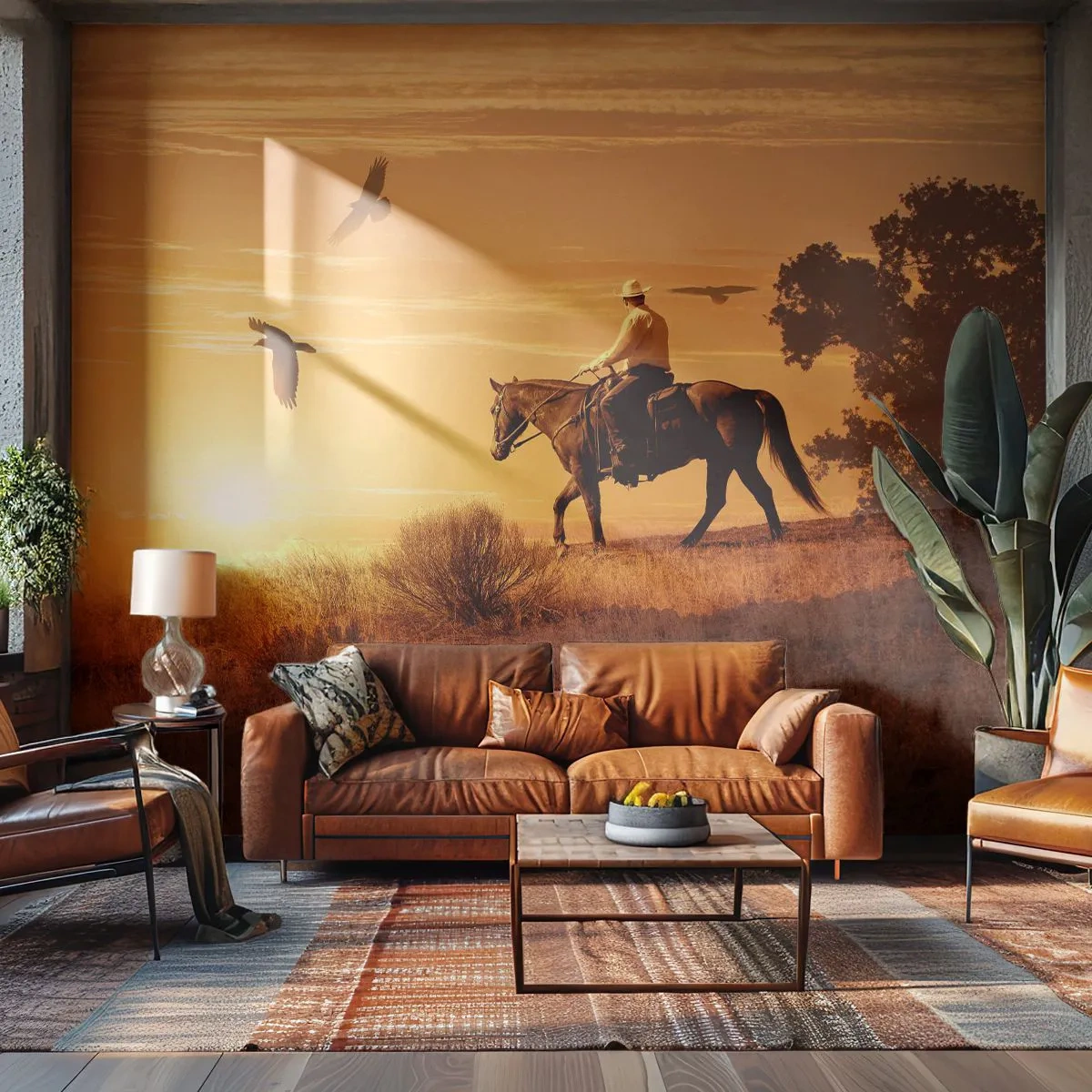 Tapet Premium Canvas - Singur peste prerie - Cal, Cowboy, Peisaj - 450x315 cm