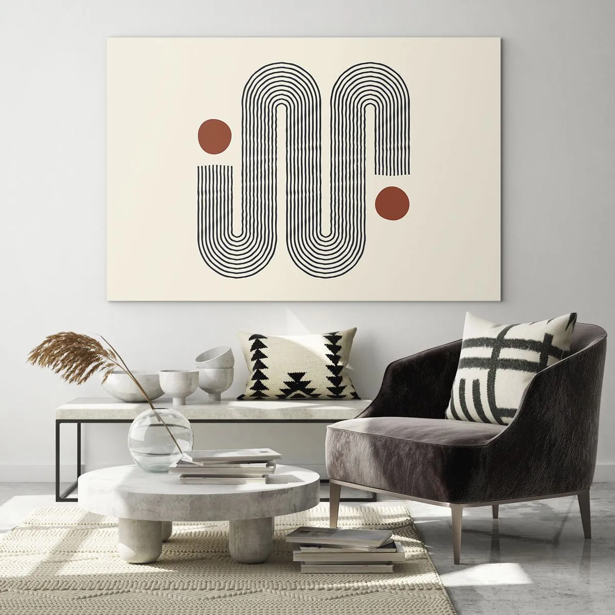 Tablou pe sticlă - Model minimalist de linii cu puncte roșii - 70x50cm - De la început până la sfârșit - Decorațiune modernă pentru perete pentru living și dormitor ARTTOR