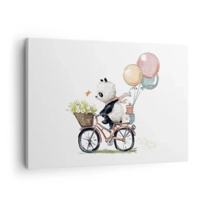 Tablou pe pânză Canvas - Panda pe o bicicletă cu baloane și flori - 70x50cm - O zi fericită - Decorațiune modernă pentru perete pentru living și dormitor ARTTOR