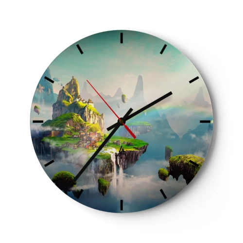 Ceas de perete - Ceas pe sticlă - Insule suspendate cu cascade și vegetație luxuriantă printre nori - 30x30cm - Insule fericite - Decorațiune modernă pentru perete pentru living, bucătărie și dormitor ARTTOR