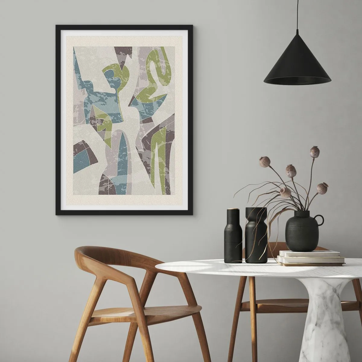 Poster în ramă neagră - Figuri abstracte în nuanțe de verde și albastru - 50x70cm - Compoziție din spatele geamului - Decorațiune modernă pentru perete pentru living și dormitor ARTTOR
