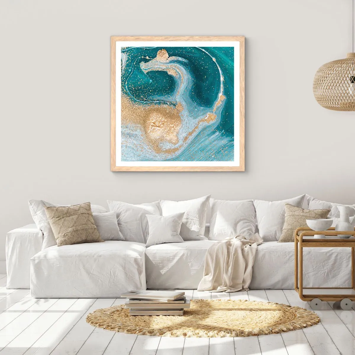 Poster în ramă de stejar deschis - Vârtej de aur și turcoaz - 40x40 cm