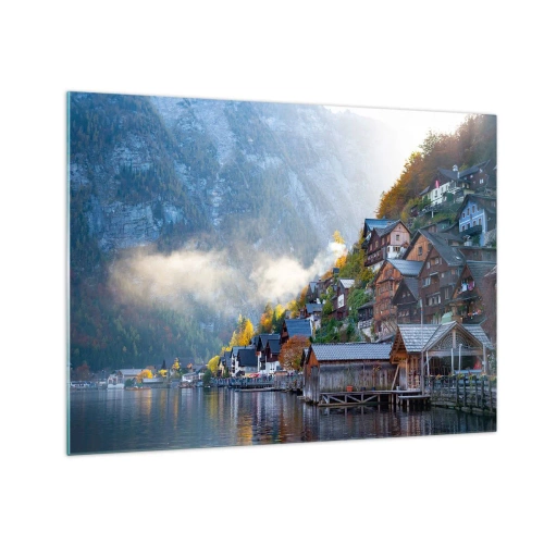 Tablou pe sticlă - O dimineață de toamnă într-un oraș de munte lângă un lac - 70x50cm - Atmosferă alpină - Decorațiune modernă pentru perete pentru living și dormitor ARTTOR