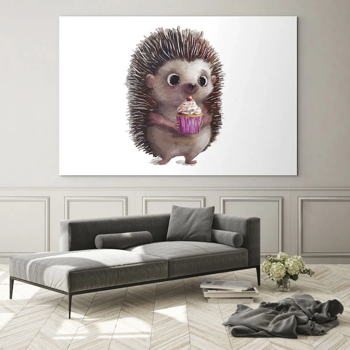 Tablou pe sticlă - Un arici drăguț cu o brioșă pe un fundal alb - 70x50cm - Fiecare zi este o sărbătoare - Decorațiune modernă pentru perete pentru living și dormitor ARTTOR