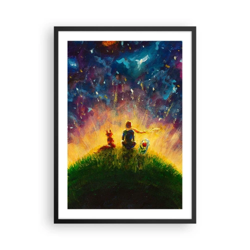 Poster în ramă neagră - Figuri așezate pe un deal sub un cer înstelat - 50x70cm - Dragoste și prietenie - întreaga lume - Decorațiune modernă pentru perete pentru living și dormitor ARTTOR