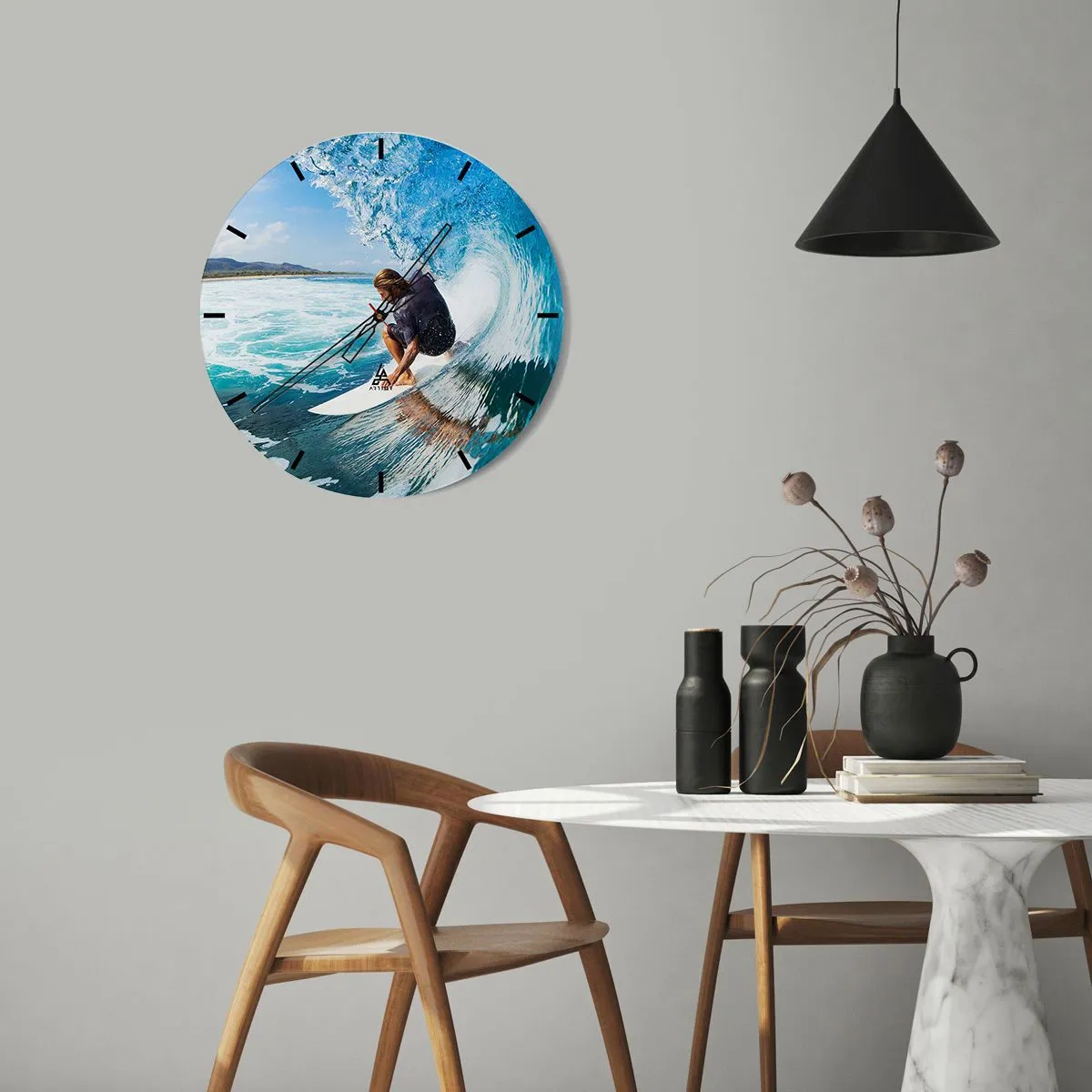 Ceas de perete - Ceas pe sticlă - Surfer în tunelul valurilor de apă - 30x30cm - Dansând cu valurile - Decorațiune modernă pentru perete pentru living, bucătărie și dormitor ARTTOR