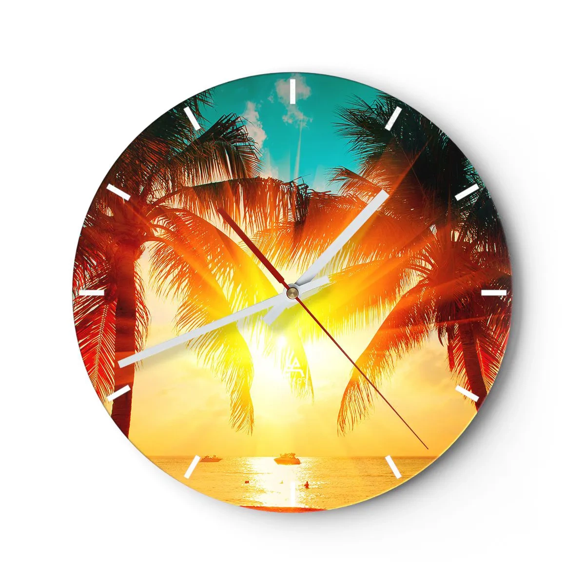 Ceas de perete - Ceas pe sticlă - Apus de soare în spatele palmierilor peste o mare tropicală - 30x30cm - Cuplu exotic - Decorațiune modernă pentru perete pentru living, bucătărie și dormitor ARTTOR