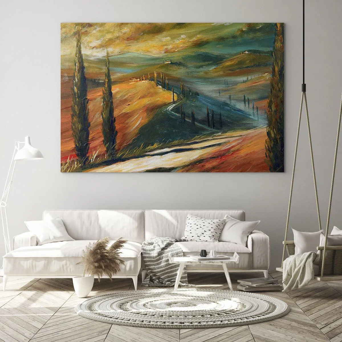 Tablou pe sticlă - Apus de soare peste un deal toscan - 70x50cm - Peisaj toscan - Decorațiune modernă pentru perete pentru living și dormitor ARTTOR
