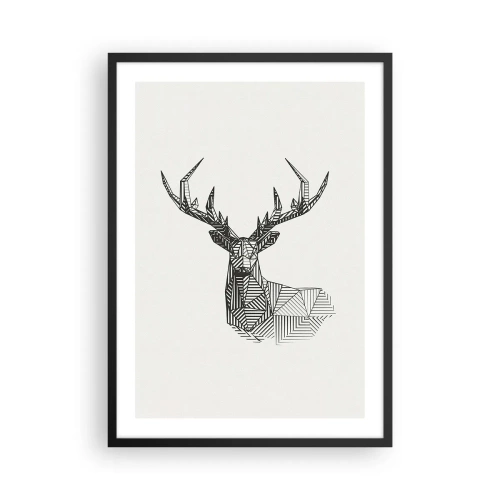 Poster în ramă neagră - Siluetă geometrică a unui cerb în stil alb-negru - 50x70cm - Cerb în stil cubist - Decorațiune modernă pentru perete pentru living și dormitor ARTTOR